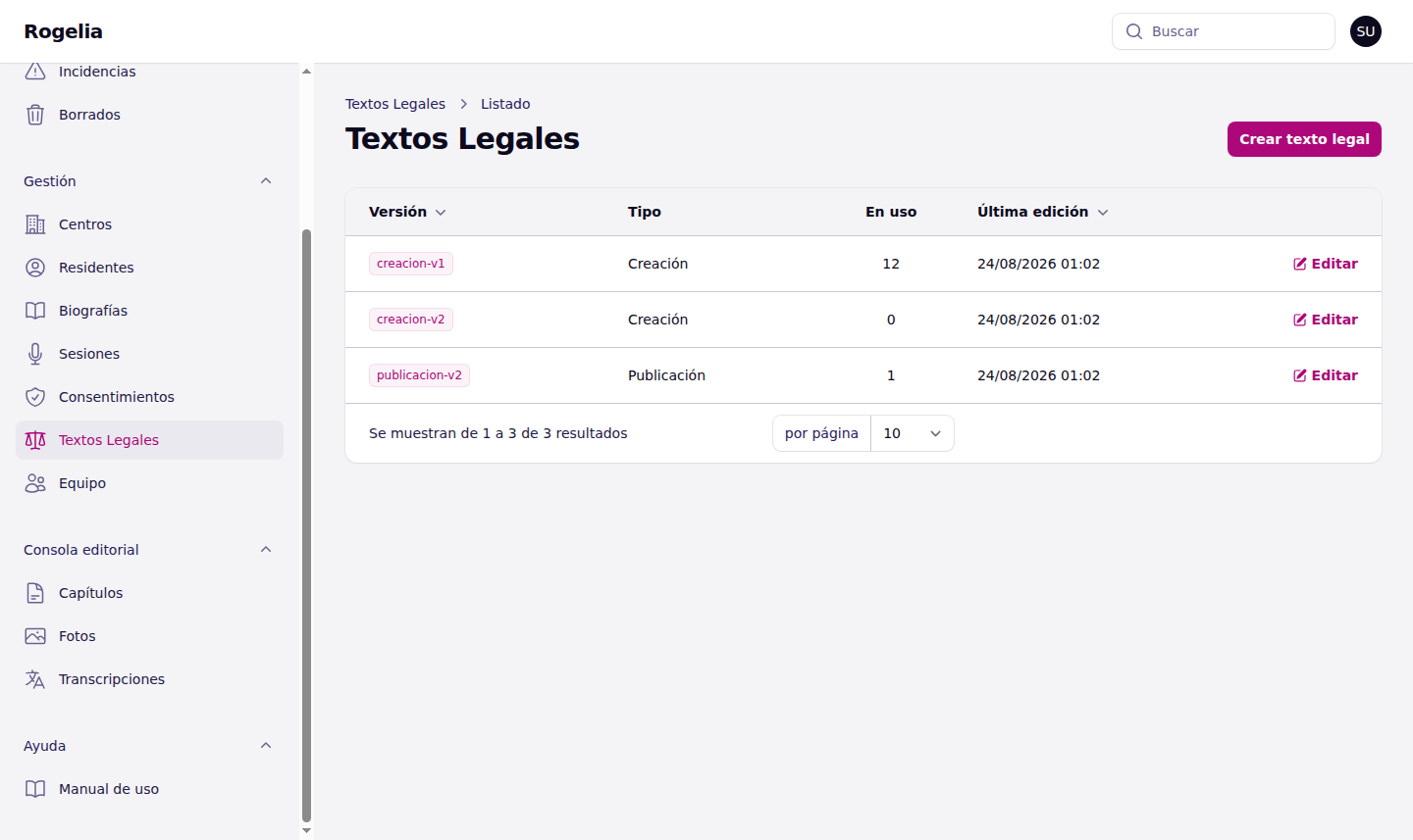 Plantillas versionadas del texto de consentimiento