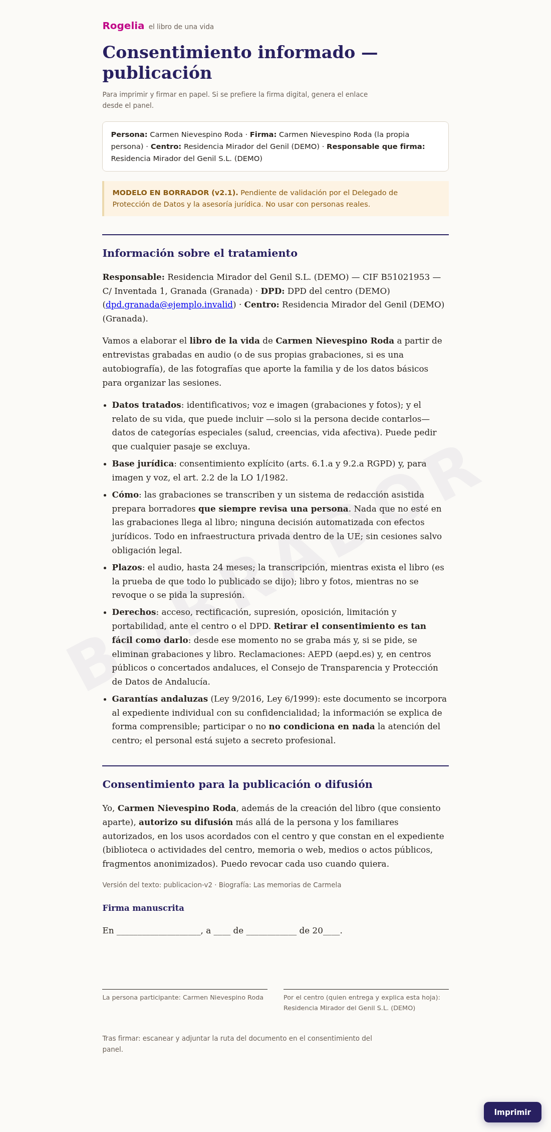 El documento del consentimiento, listo para imprimir y firmar en papel