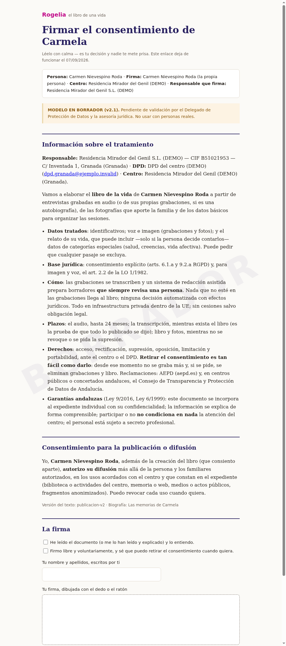 La página de firma digital del consentimiento