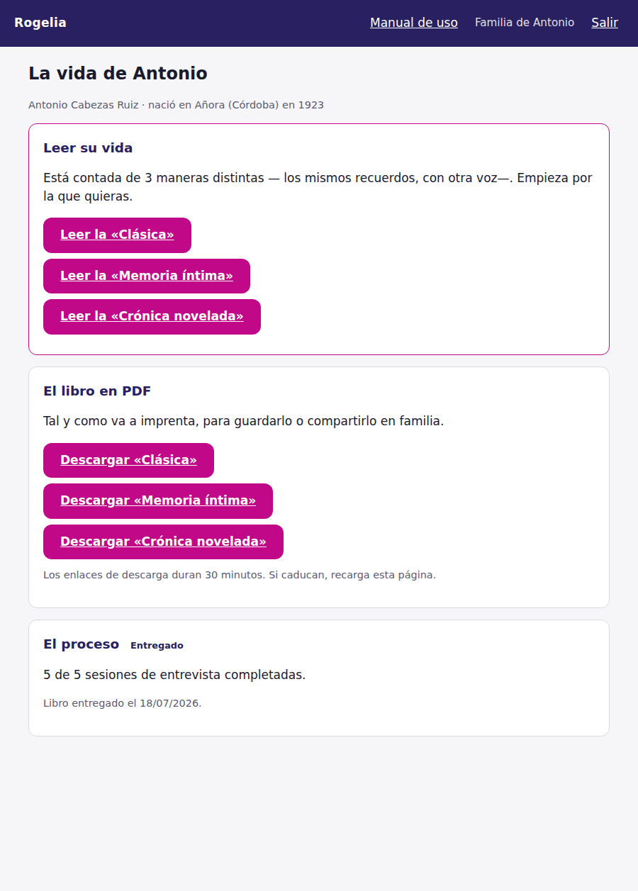 Portal de familia con la biografía y el proceso