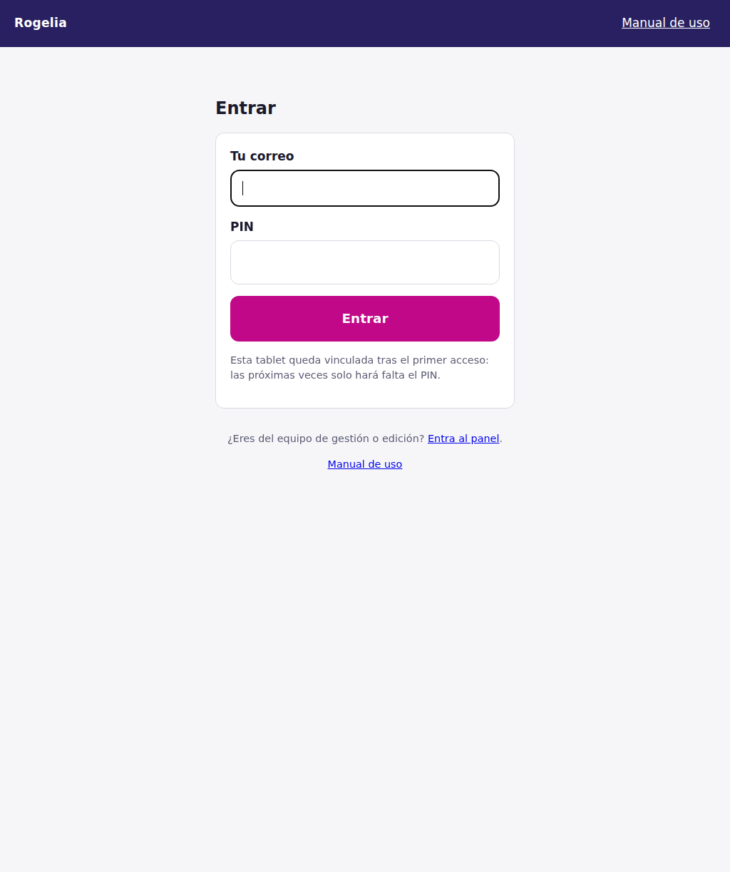 Pantalla de acceso de la PWA: correo y PIN