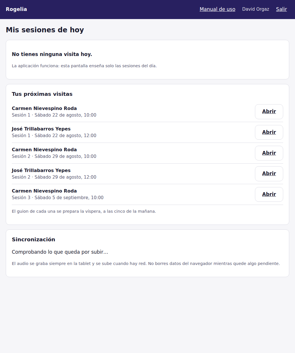 Inicio de la PWA con las sesiones de hoy y las próximas